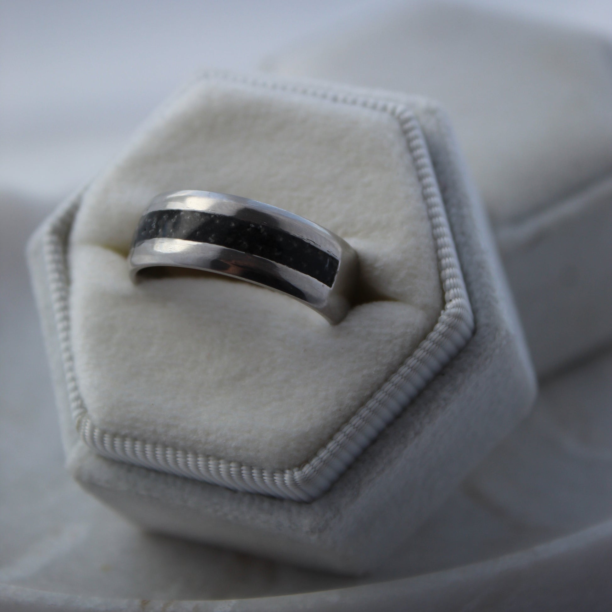 Men’s 8mm single channel memorial ring in sterling silver with inclusion inlay for ashes or breastmilk